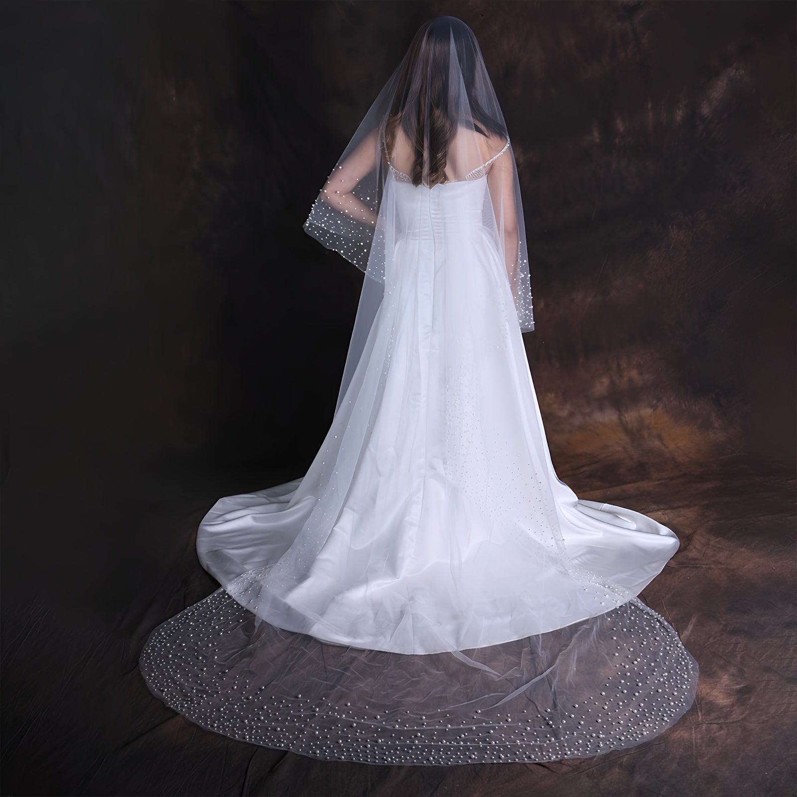 Elegant Bridal Veil with Pearls Nylon Cathedral Length Wedding Accessory