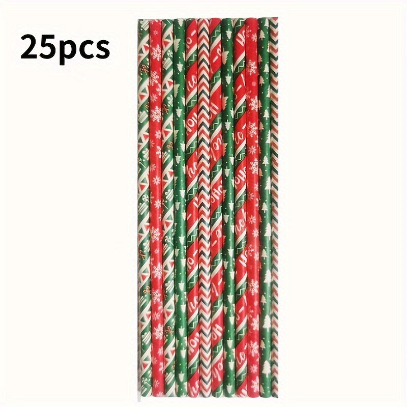 25 Pieces Christmas Paper Straws Snowflake Tree Patterns Biodegradable Holiday Party Supplies