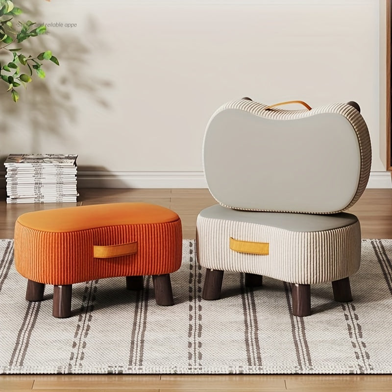 Taburete de madera blanco y naranja con funda de poliéster, asiento multiusos para zapatos