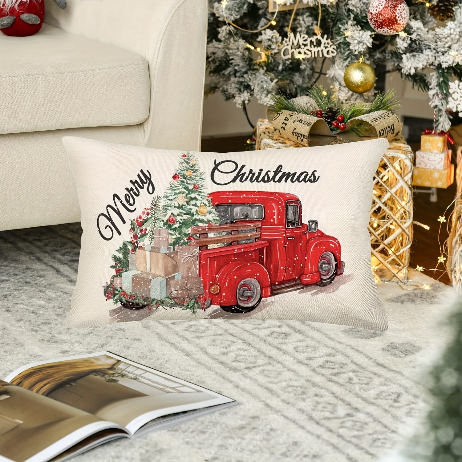 Merry Christmas Red Truck Pillow Cover Linen 30x50cm Zippered Washable