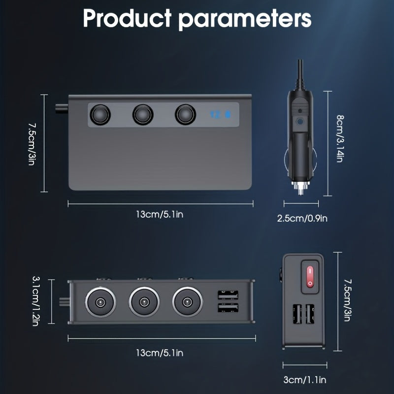 High-Power Car Charger with USB Ports and Voltage Display
