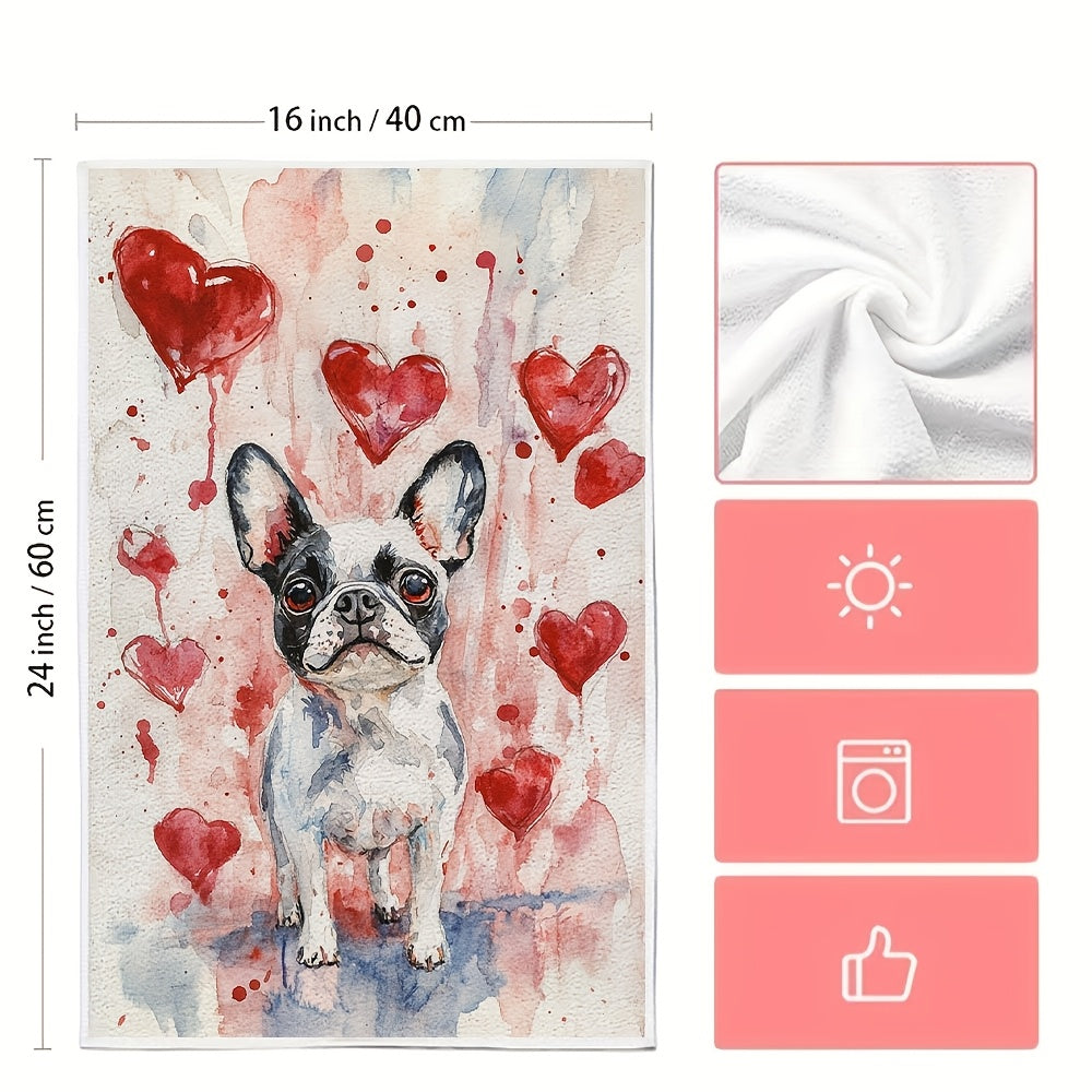 Two Pieces Kitchen Towels French Bulldog Heart Design Absorbent Quick-Drying