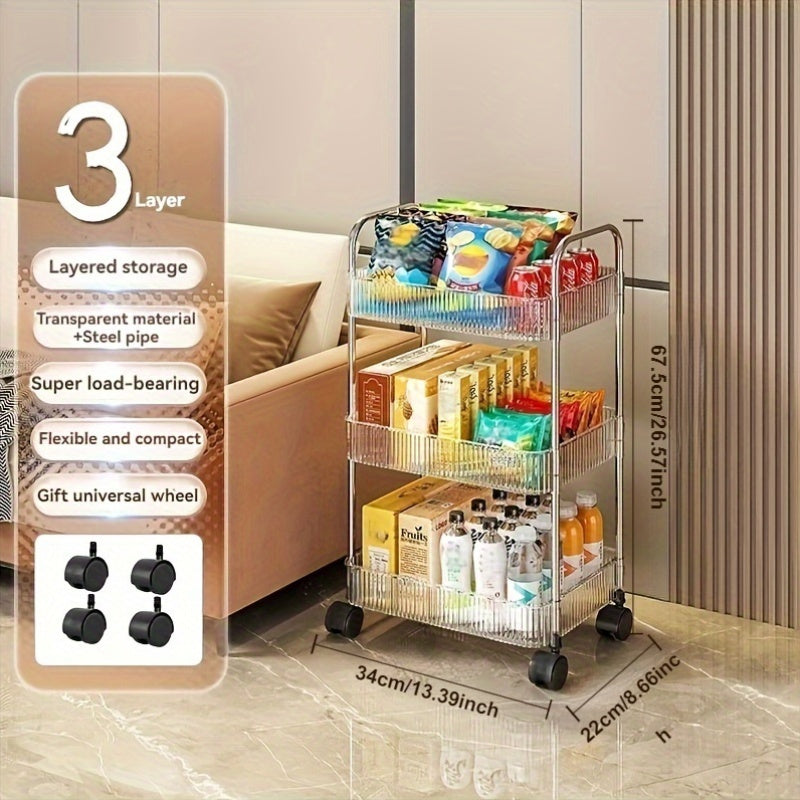 Acrylic Rolling Storage Cart with 3/4 Transparent Layers and 360° Wheels for Bedroom Bathroom Kitchen