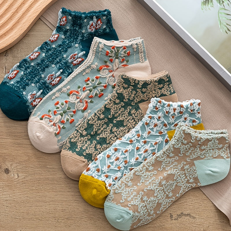 Women Short Socks 5 Pairs Vintage Court Style Japanese Flower Geometric 3D Texture