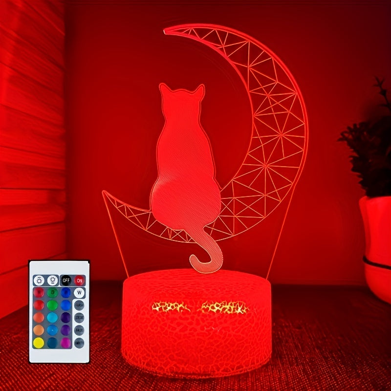 3D Moon Cat LED Night Light with 16 Colors Touch and Remote Control Warm White Base Gift