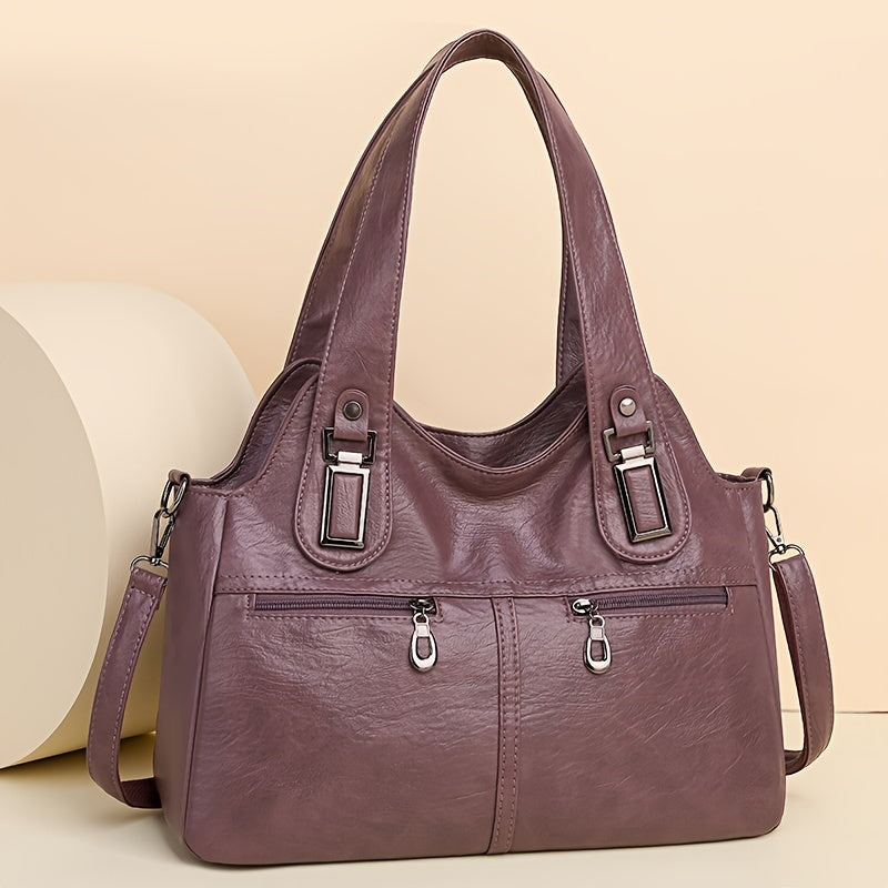 Retro PU Leather Tote Bag with Multiple Pockets Large Capacity Casual Shoulder Crossbody Bag