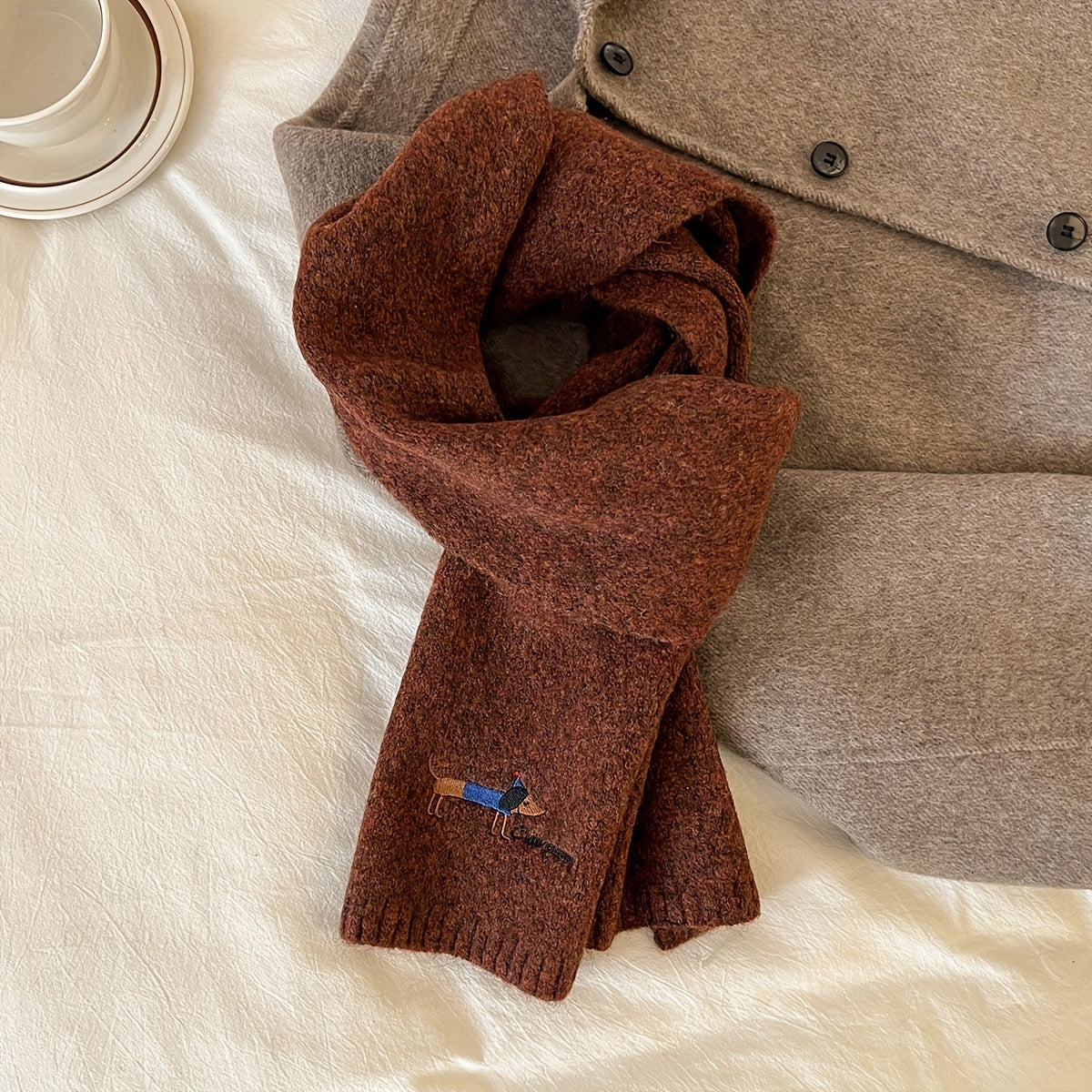 Women's Gray Wool Blend Knit Puppy Scarf Embroidered Neck Warmer Winter Windproof