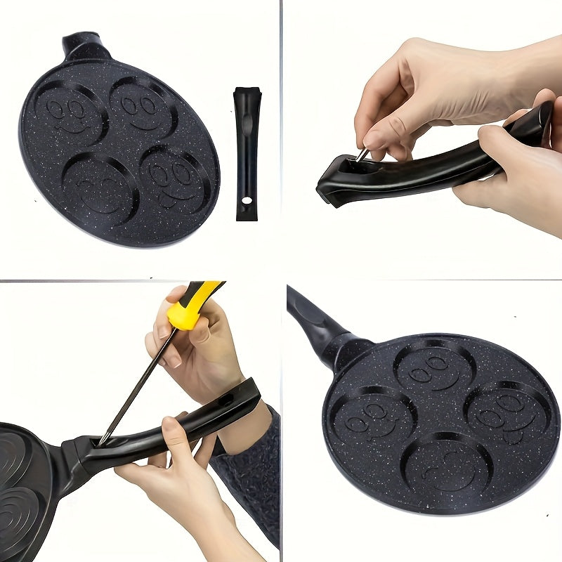 4-Cavity Non-Stick Mini Crepe Maker with Happy Face & Cartoon Patterns Aluminum Alloy Frying Pan