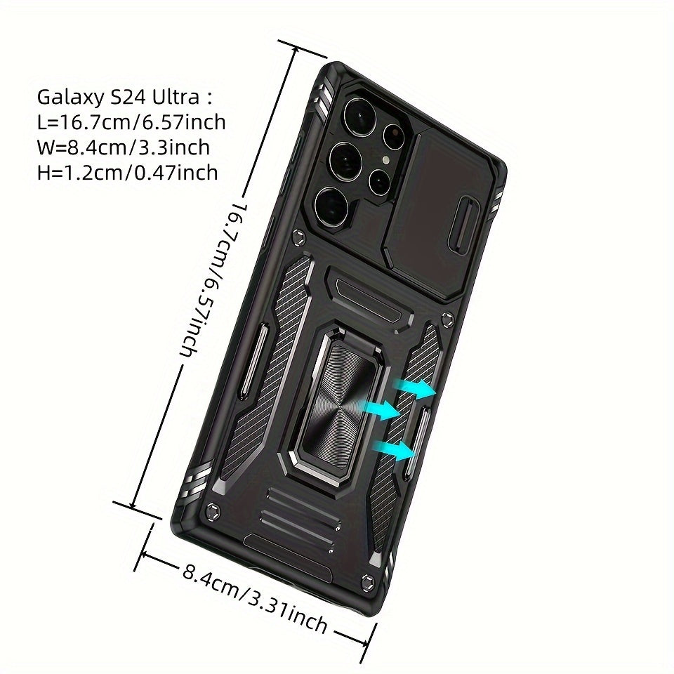 Protective Phone Case with Slide Camera Cover and Rotating Kickstand for Samsung Models