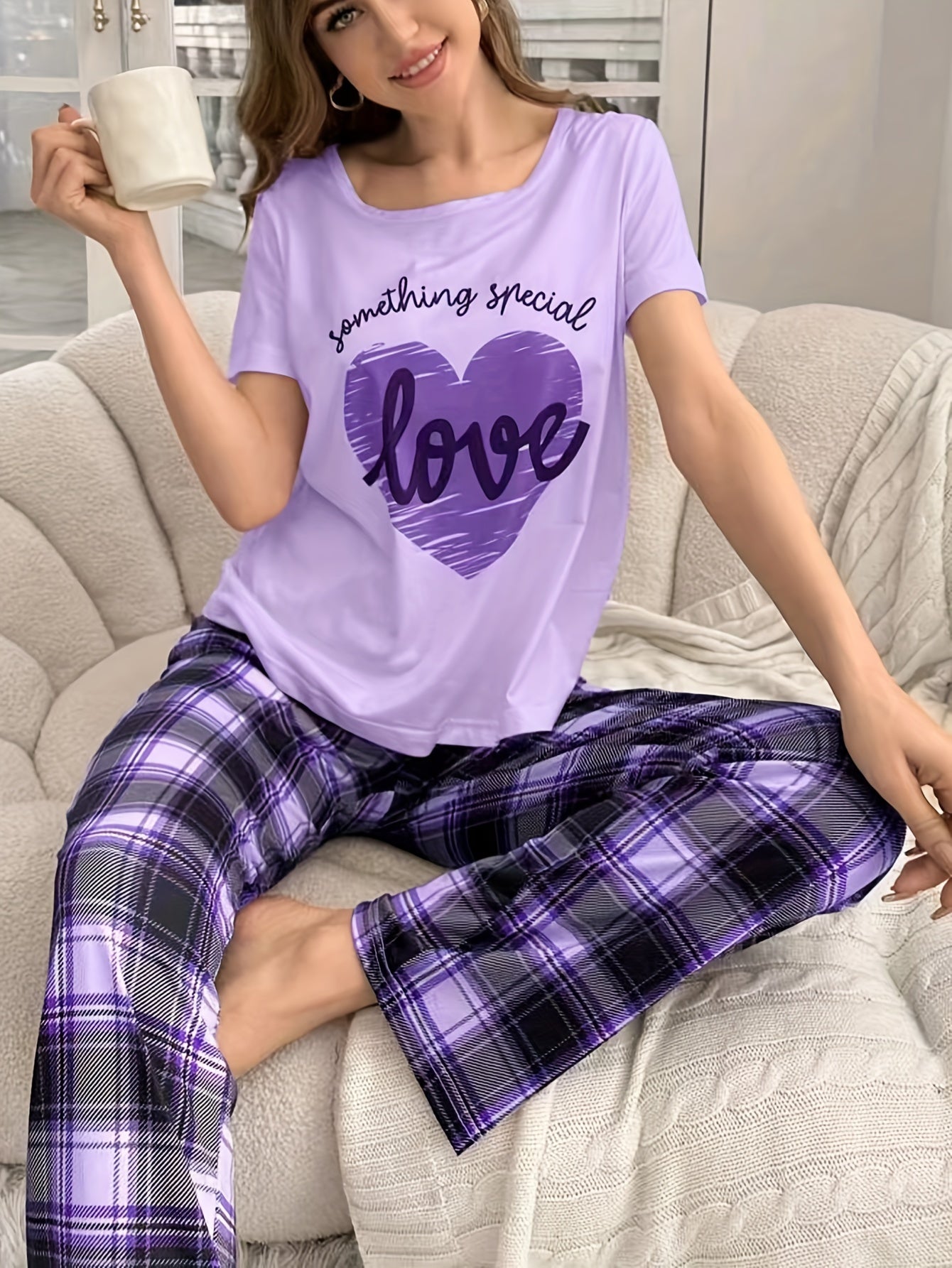 Women's Casual Heart Letter Print Pajama Set Short Sleeve Top Plaid Pants