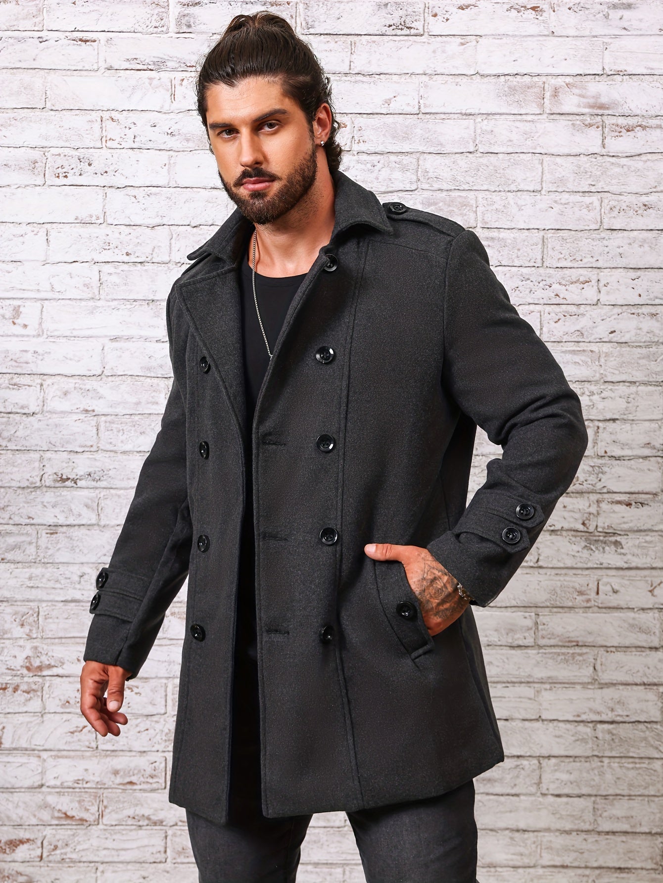 Men's Plus Size Fleece-Lined Double-Breasted Windproof Coat for Fall Winter
