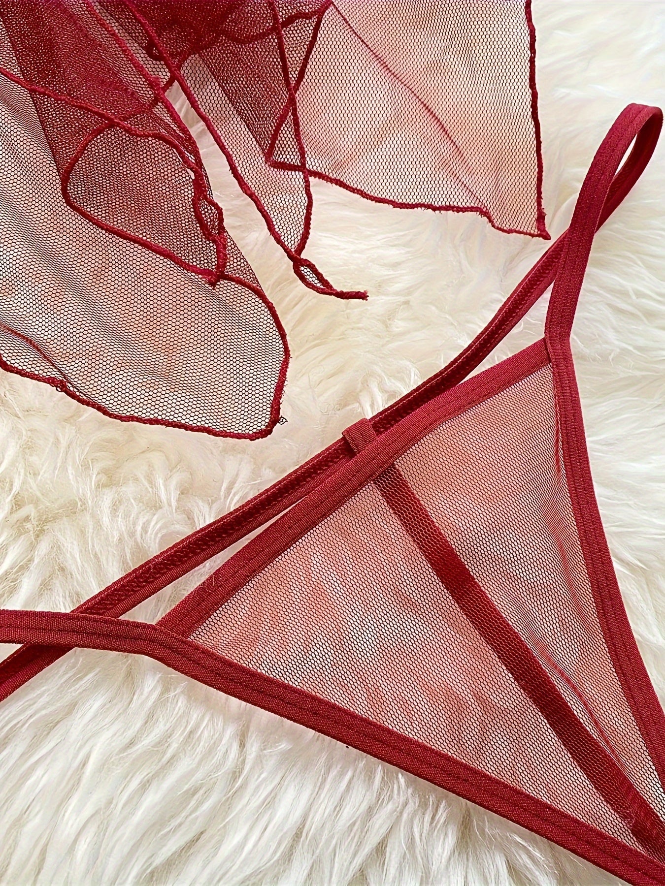 Women's Sheer Lace Lingerie Set with Bow Cami Dress and Thong