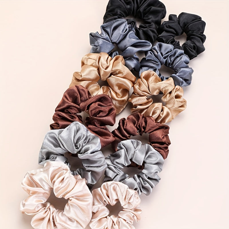 Set of 12 Solid Color Satin Hair Scrunchies with Tassel Detail for Women and Girls