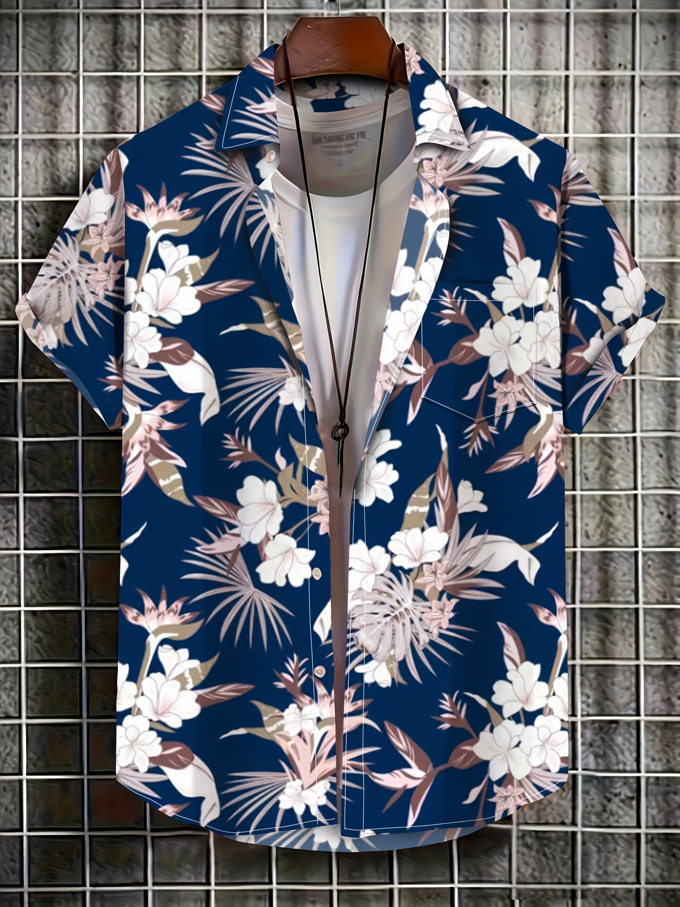 Men's Plus Size Hawaiian Shirt with Floral Print V-Neck Short Sleeve Polyester Elastane