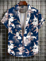Men's Plus Size Hawaiian Shirt with Floral Print V-Neck Short Sleeve Polyester Elastane