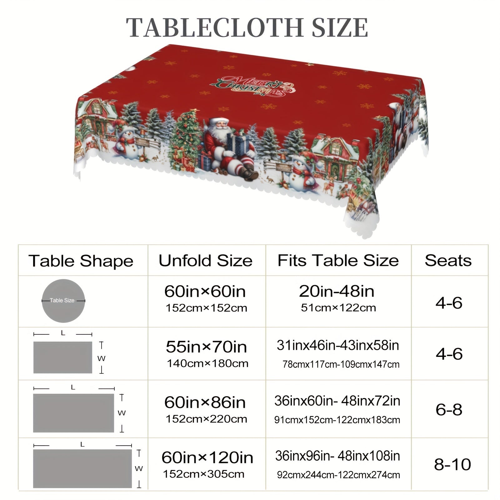 Christmas Tablecloth with Santa Snowman and Tree Patterns Polyester for Round and Rectangular Tables