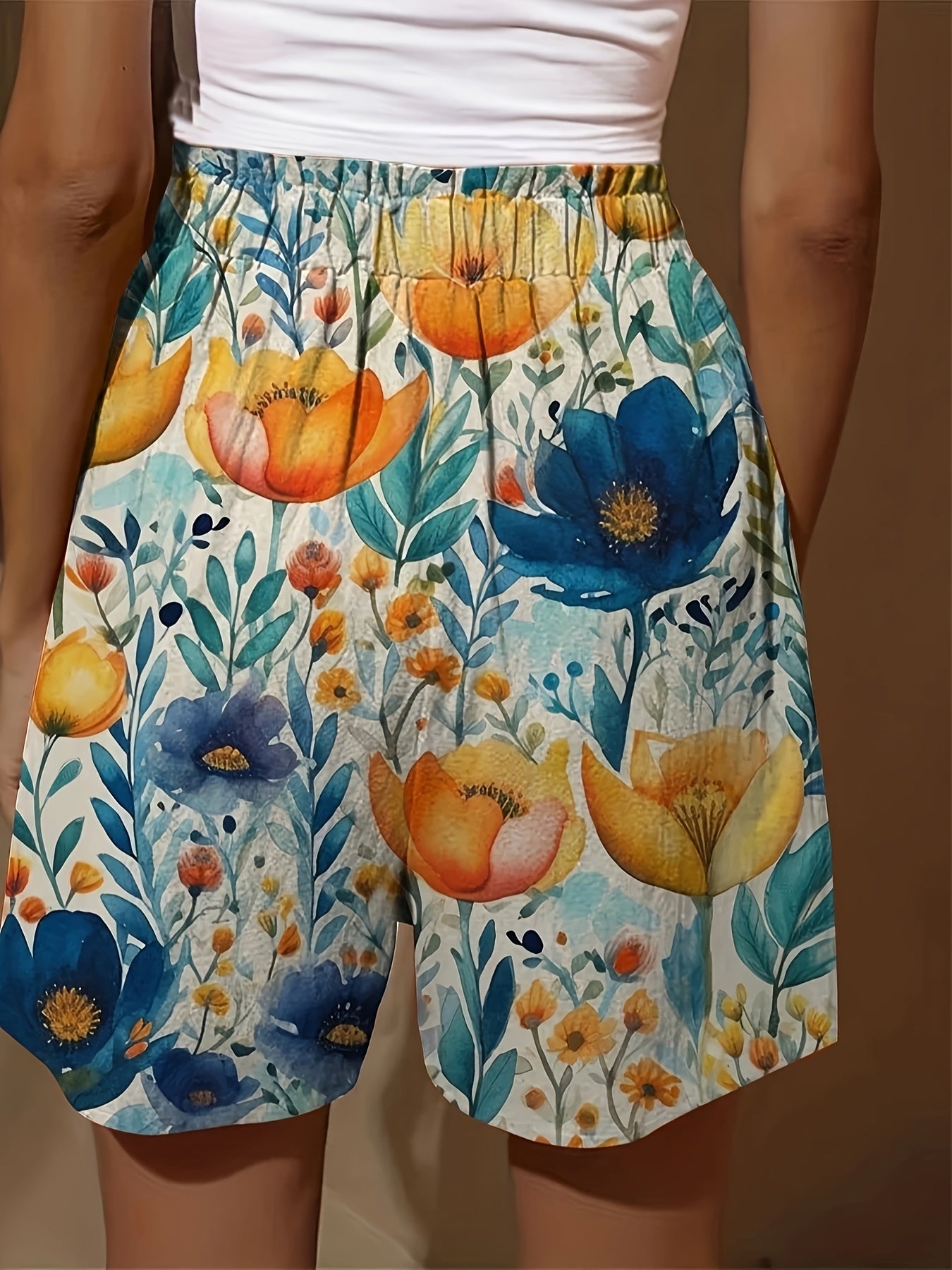 Шорты для женщин больших размеров с рюшами на талии, повседневные, с цветочным принтом и художественным дизайном