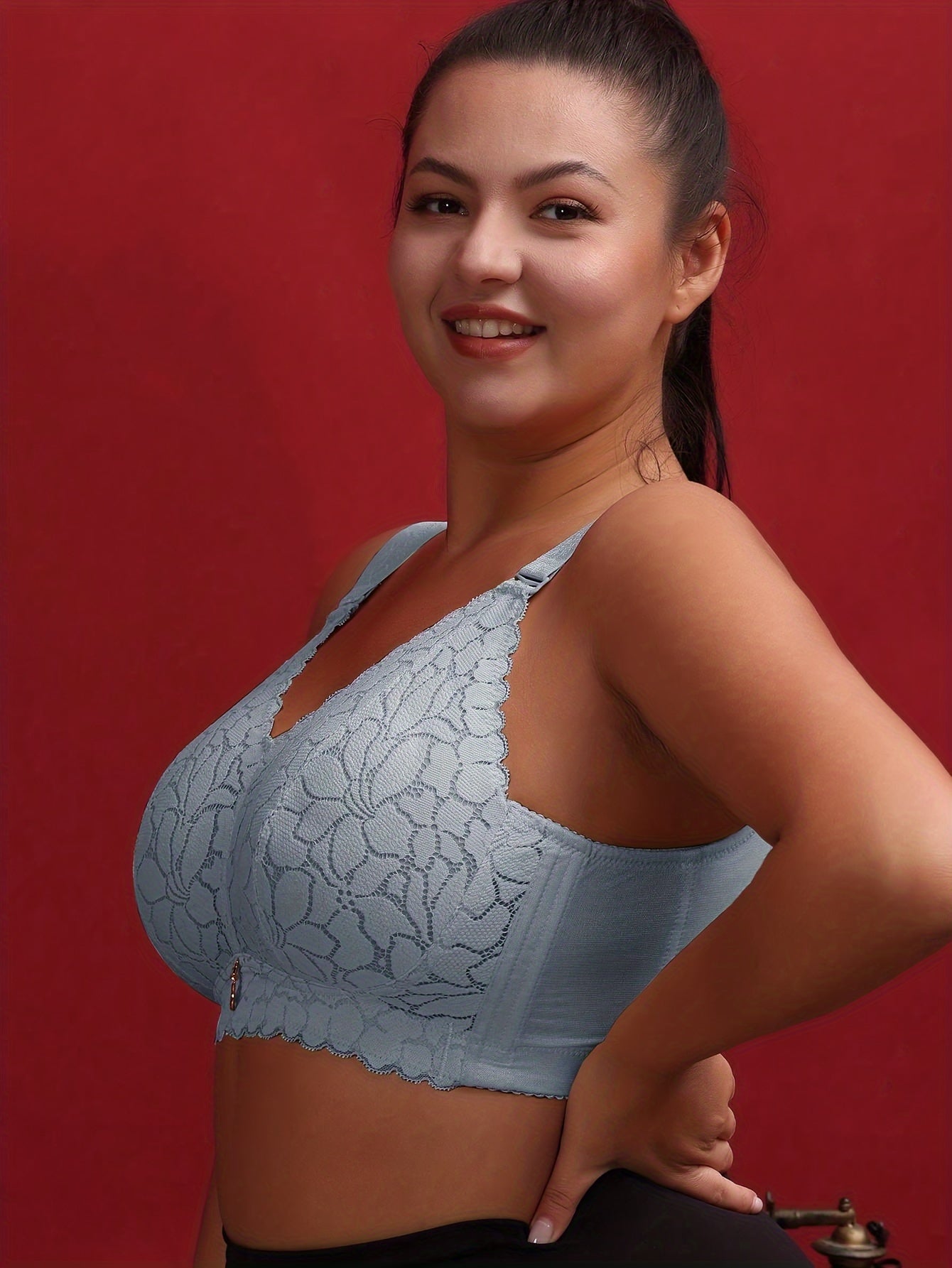 Plus Size Lace Bralette Wireless Floral Print Breathable Slimming Underwear