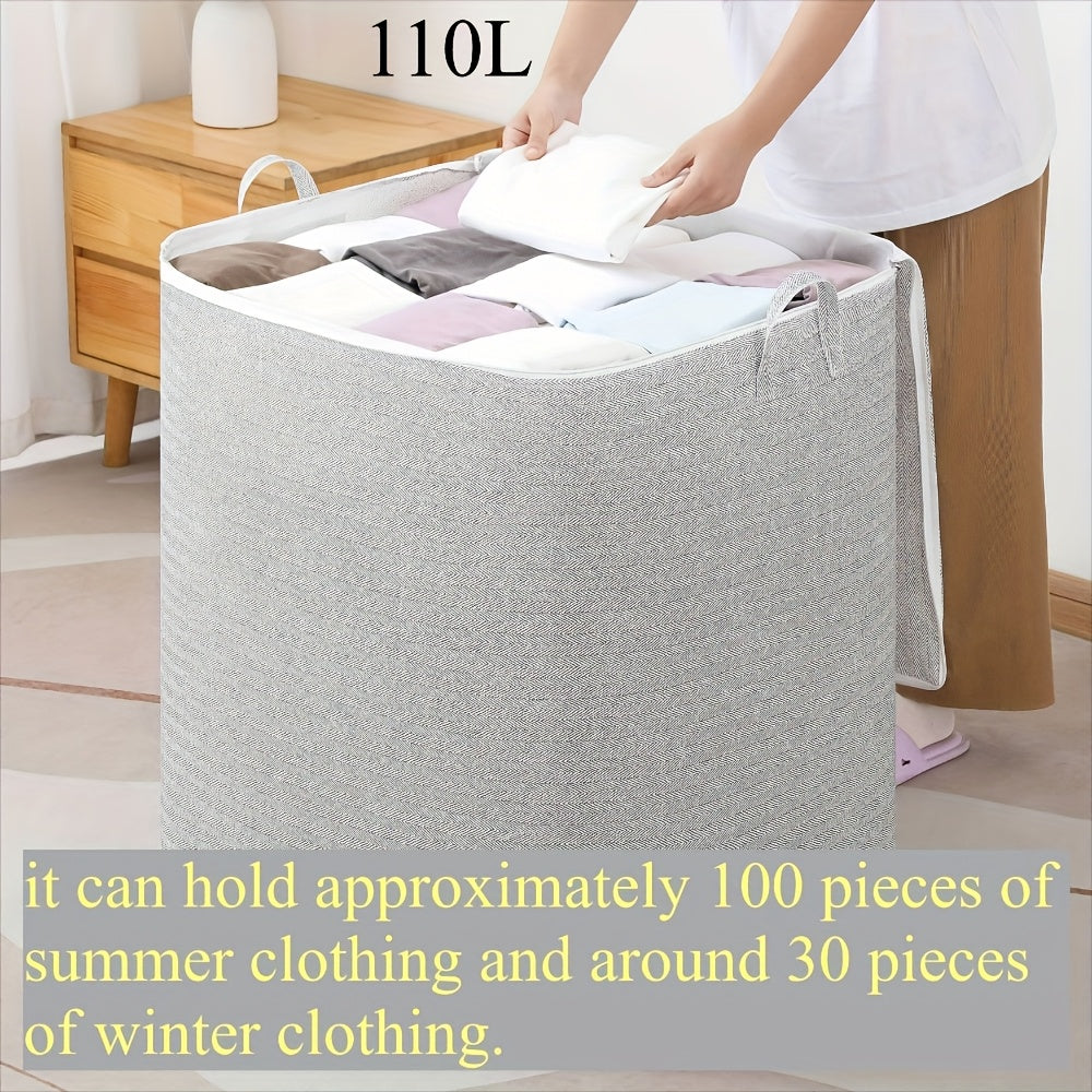 Large Fabric Storage Box with Lid Herringbone Pattern for Clothes and Bedding