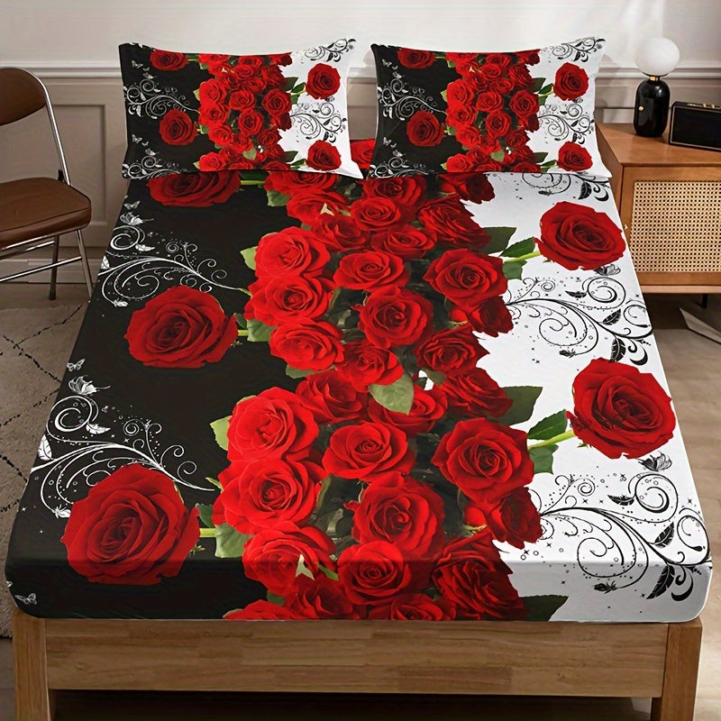 Red Rose Print Fitted Sheet Set 3 Piece Soft Breathable Bedding for Bedroom