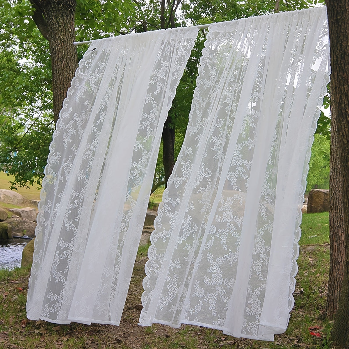 Black and White Floral Pattern French Country Lace Sheer Curtain with Rod Pocket for Living Room Bedroom Balcony