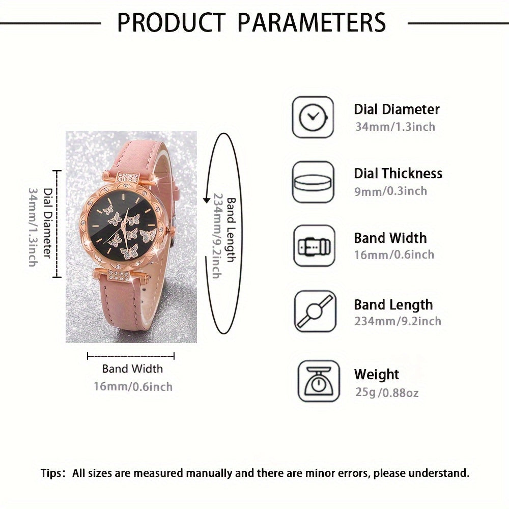 Set of 6 Women's Elegant Butterfly Rhinestone Quartz Watches with Leather Bands and Jewelry