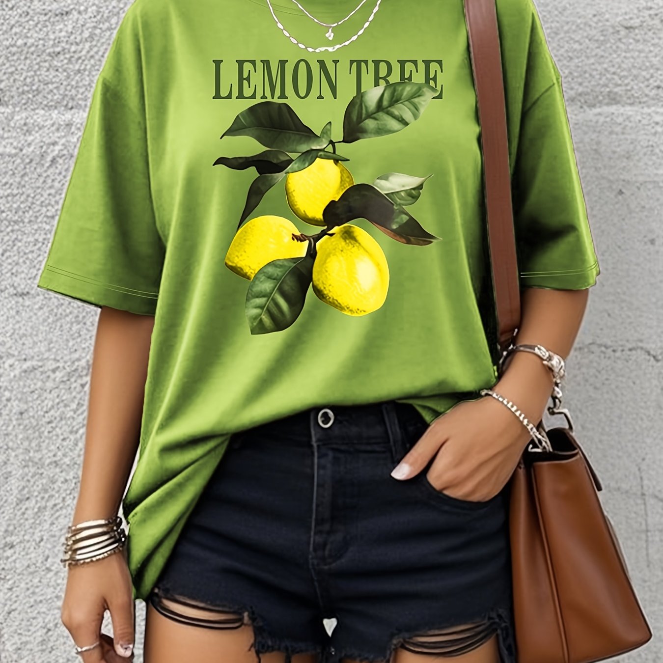 Plus Size Women's Casual T-Shirt Soft Lemon Tree Print Short Sleeve Loose Fit