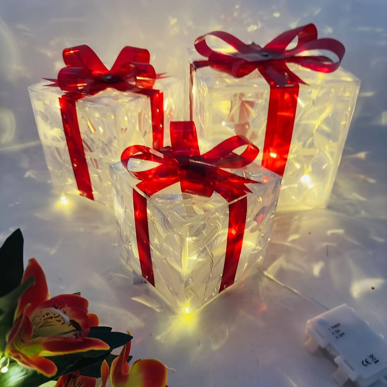 Paquete de 3 cajas de regalo con luces LED y lazos rojos, decoraciones navideñas con funcionamiento a batería
