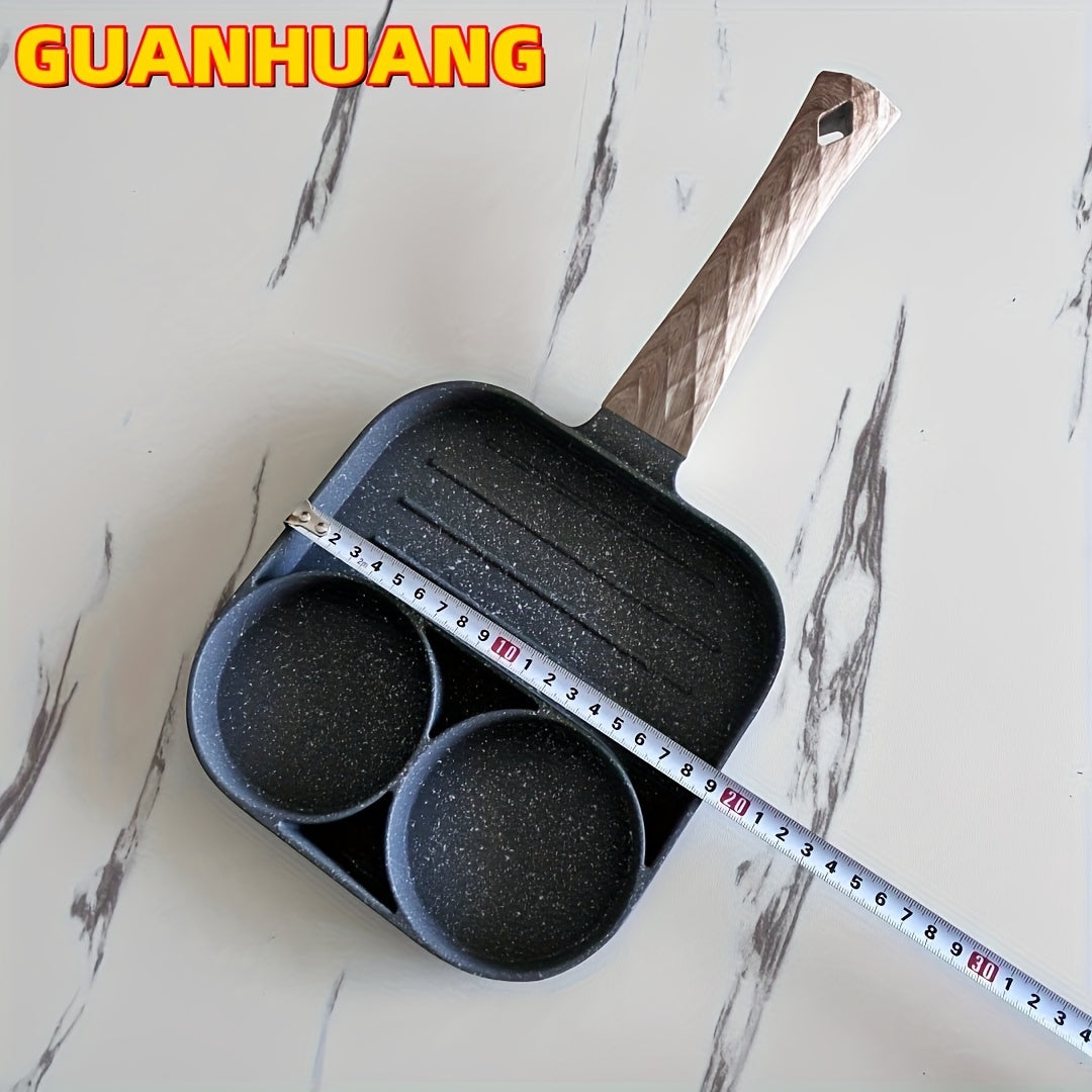 GUANHUANG Qattiqlashmaydigan tuxum va pancake qovurish panosi, yog'och tutqichli, 4-chiqimli pishirgich gaz pechiga va induksiya uchun, tuxum va kolbasa uchun ideal.