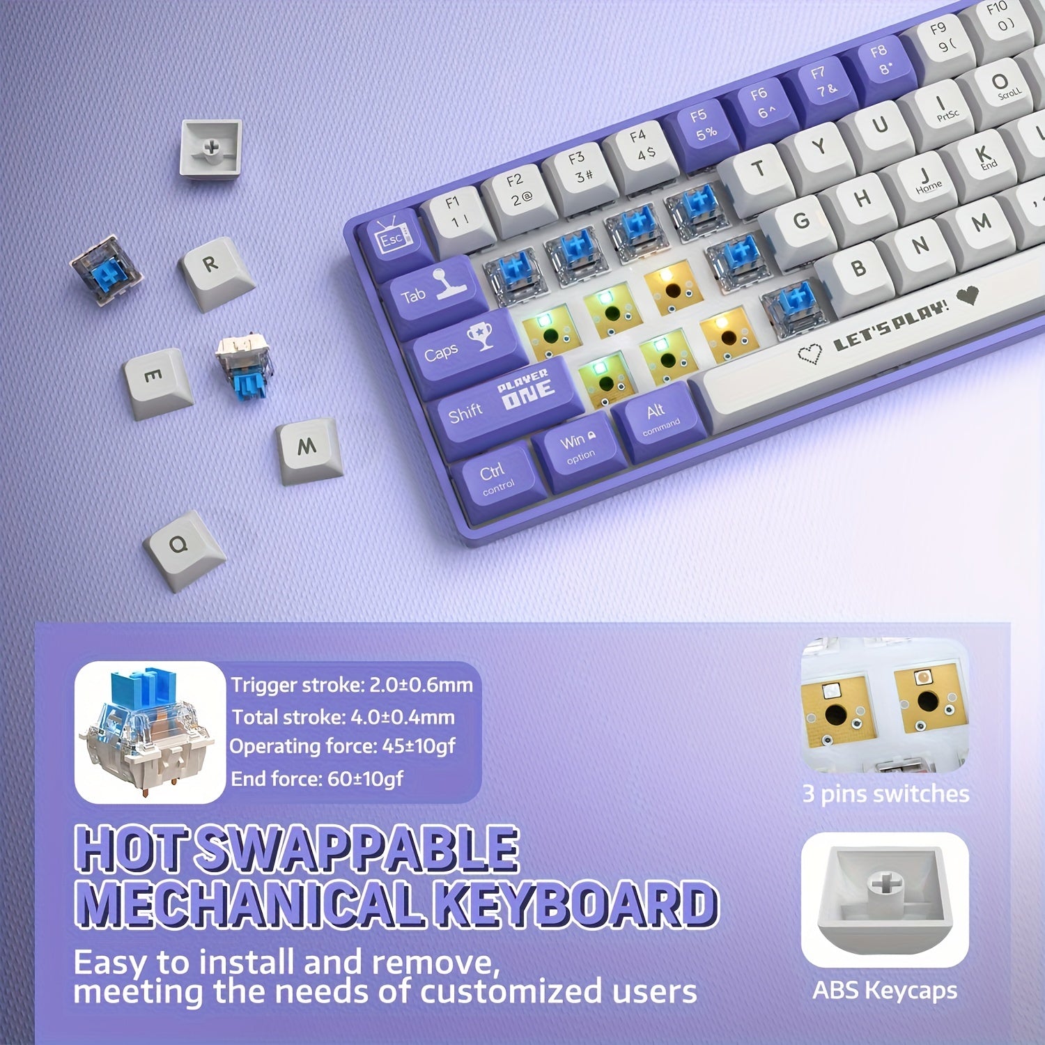Wired Mechanical Gaming Keyboard 65% RGB Backlit Red Switches Ergonomic Purple White