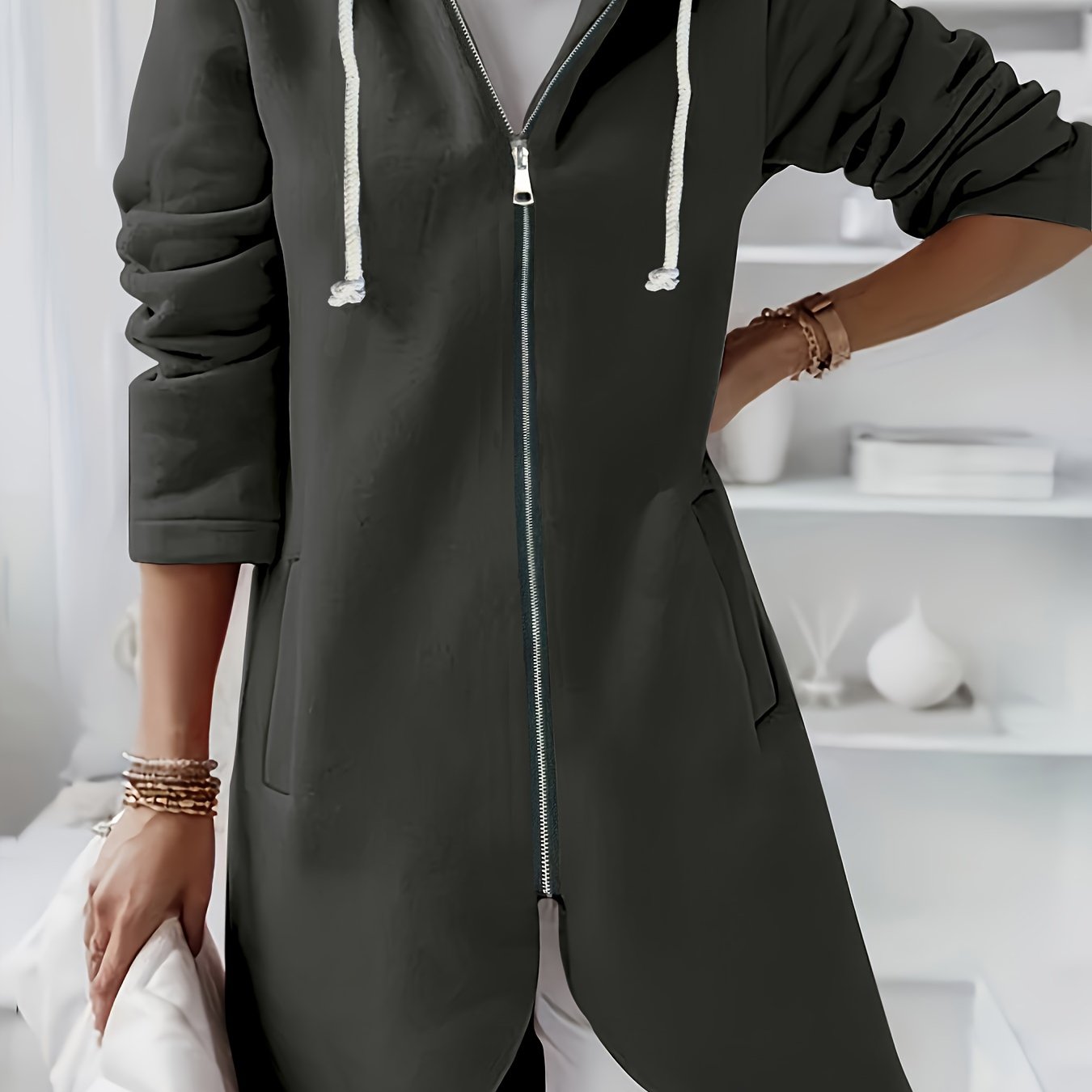 Women's Fleece-Lined Zip-Up Hoodie Casual Street Style Dark Green Drawstring Pocket
