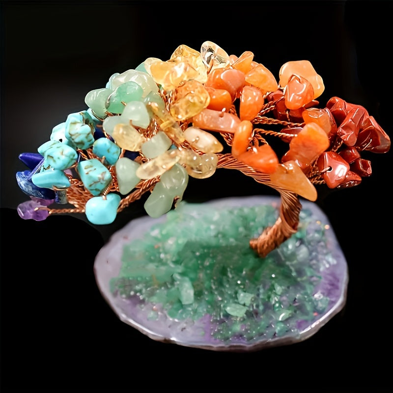 Handcrafted Crystal Tree of Life with Copper Wire and Agate Slice Base Small Gravel Stone Accent