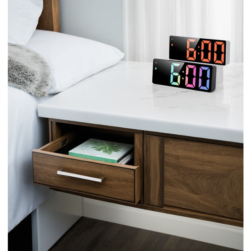 Modern LED Digital Clock with Temperature Display Adjustable Brightness Alarm Battery-Powered Black Desk Clock