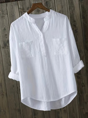 Women's White Linen Blend Shirt with Long Sleeves V-Neck Button Casual