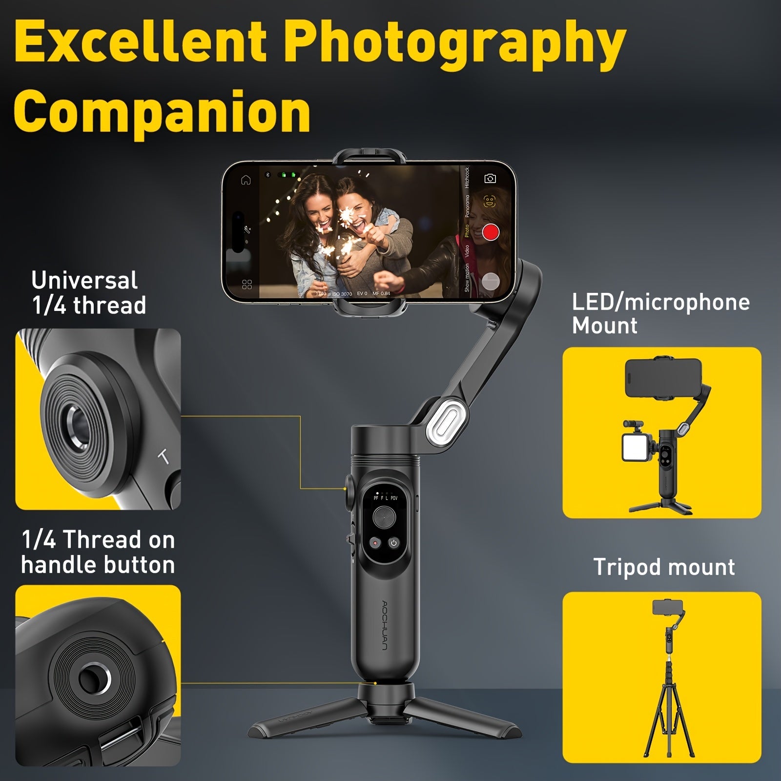 Estabilizador de gimbal para smartphone con luz LED integrada, plegable de 3 ejes para vlogging en iPhone y Android