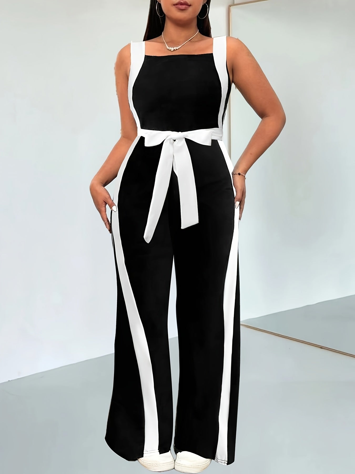 Women's Black Strapless Wide-Leg Jumpsuit with Bow, High-Waist, Plus Size