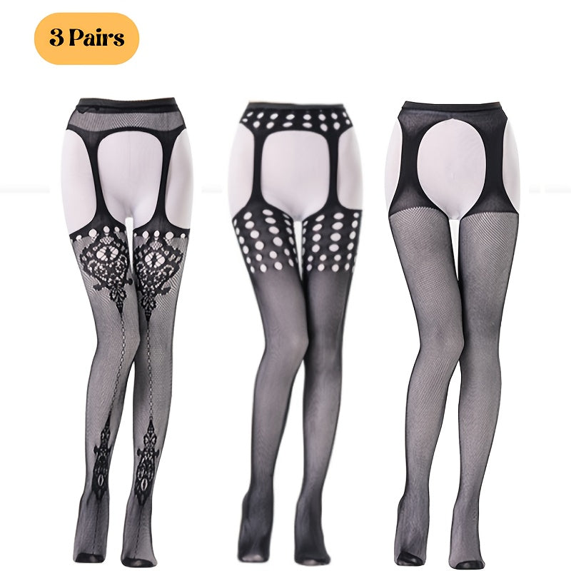 Women High Waist Suspenders Black Lace Polka Dot Stretchy Semi-Sheer 3 Pairs
