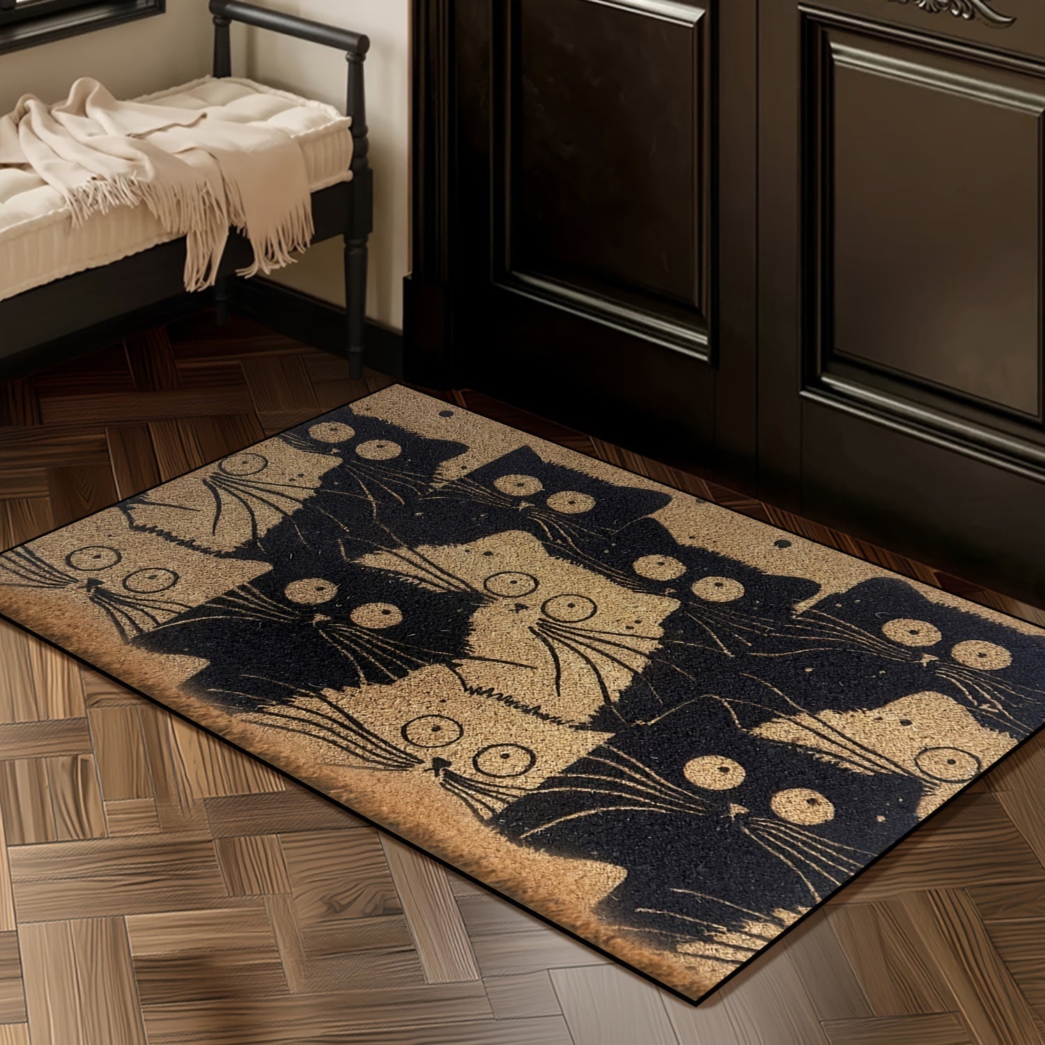 Durable Cartoon Cat Welcome Mat Non-Slip Easy Clean Low Pile Polyester Rug