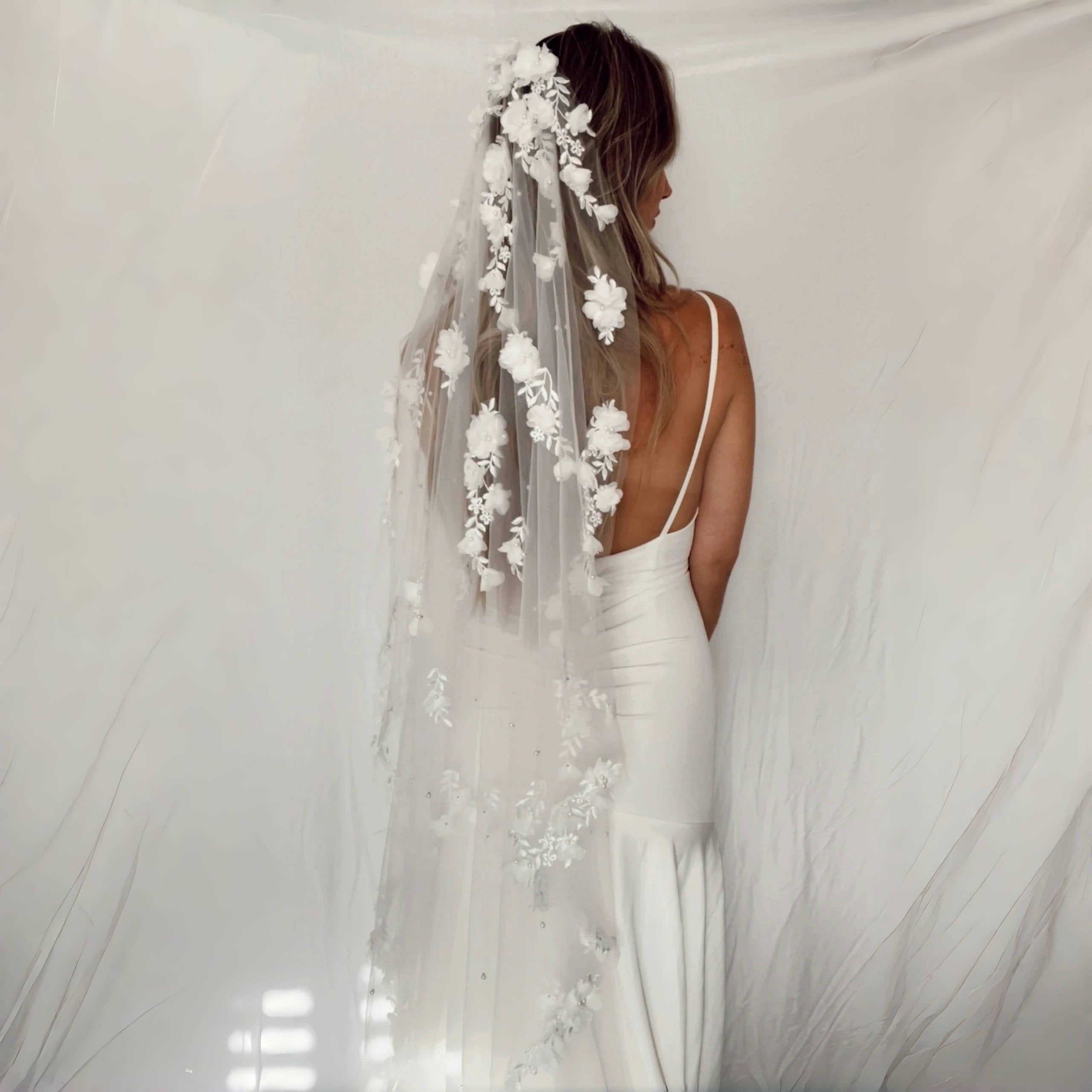 Glamorous Wedding Veil with Handmade Flowers and Pearls 100cm Bridal Accessory