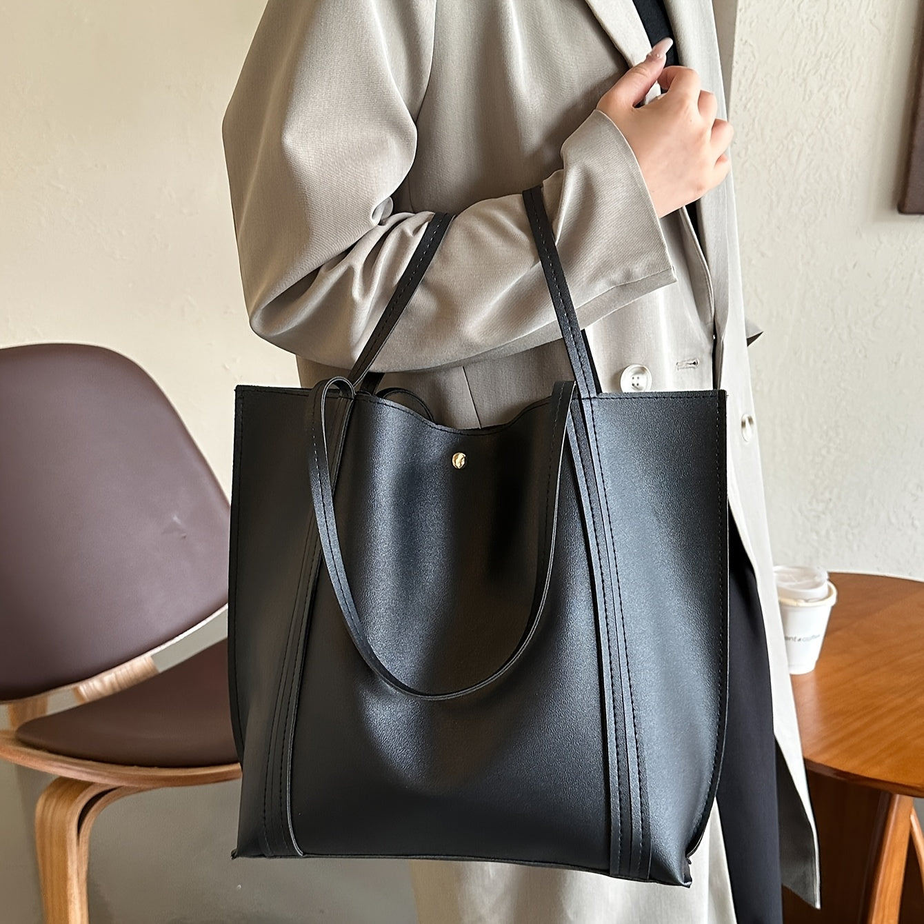 Women's Black Large Capacity Casual PU Shoulder Tote Bag