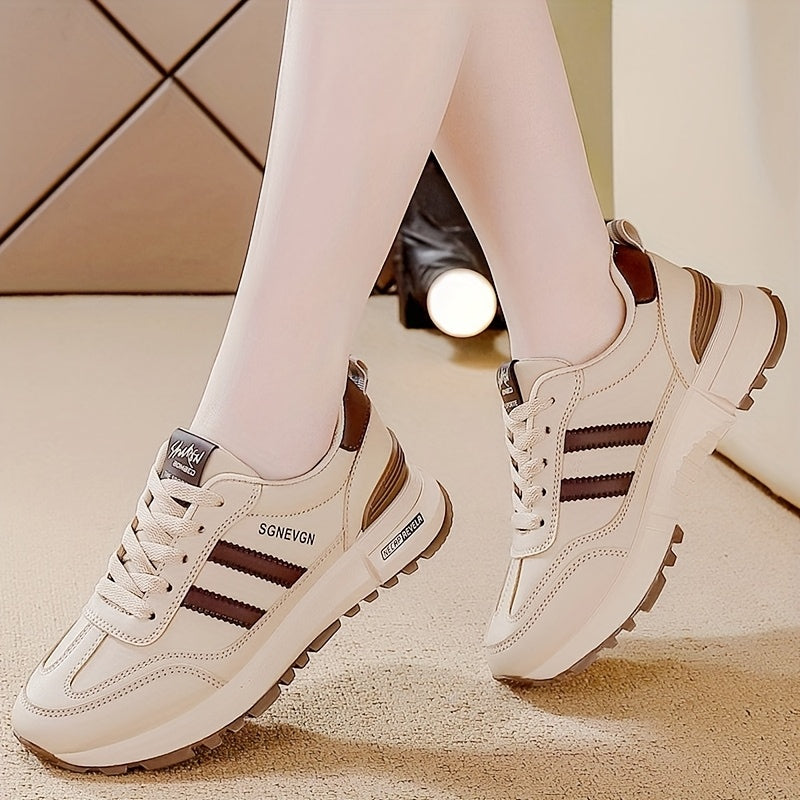 Women’s Low-Top Sneakers Beige Striped Anti-Slip Breathable All-Season Shoes