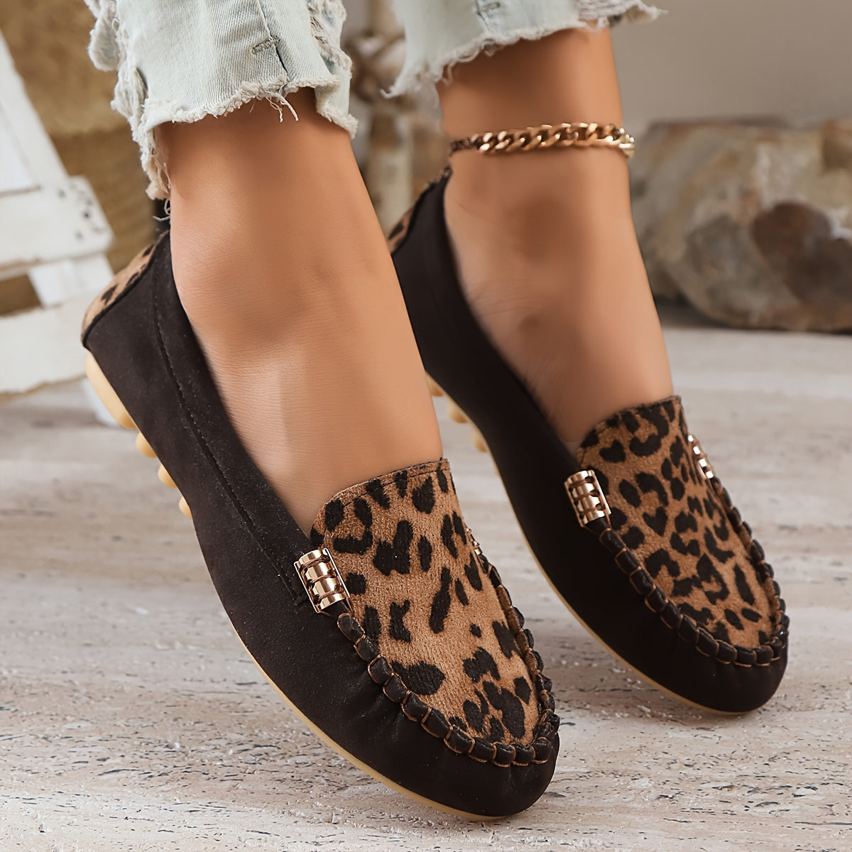 Women's Leopard Print Patchwork Loafers Slip-On Comfort All-Season Shoes