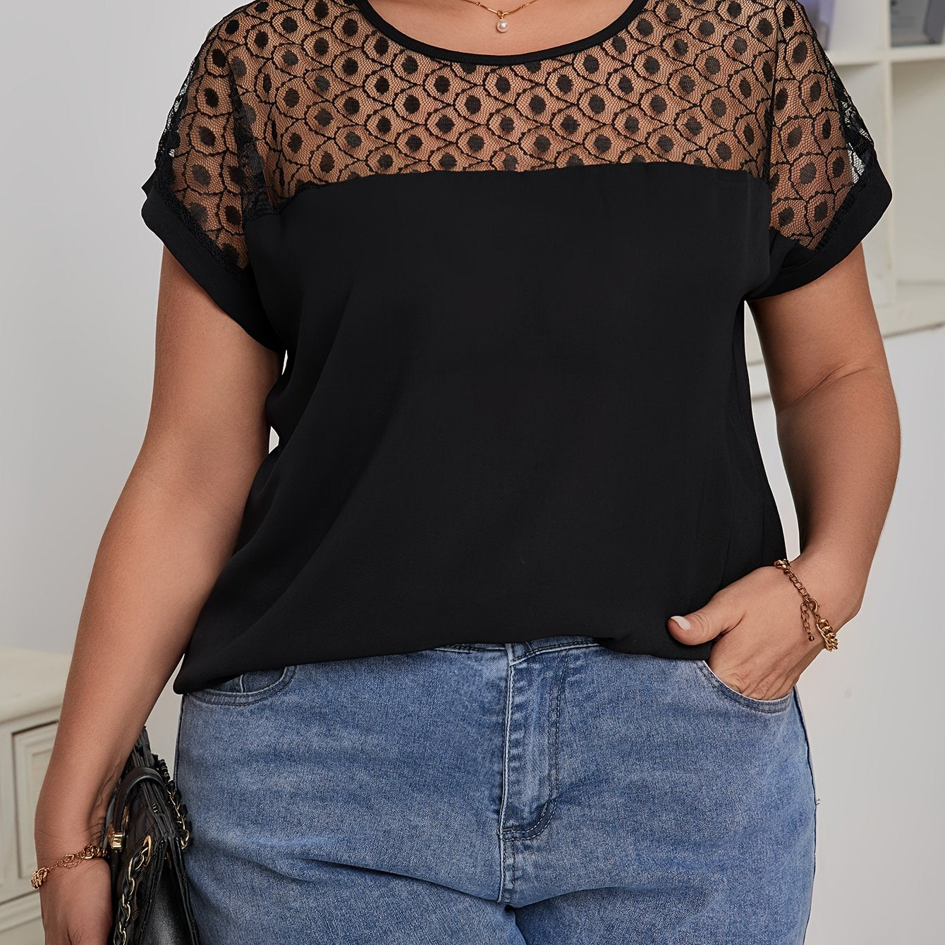 Women Plus Size Lace Stitching Crew Neck Blouse Casual Short Sleeve Spring Summer