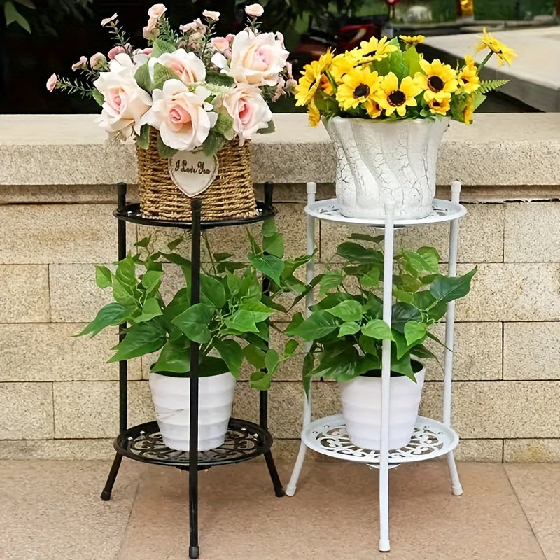 Metal Double Layer Hanging Plant Stand with Flower Pattern Indoor Outdoor Decor
