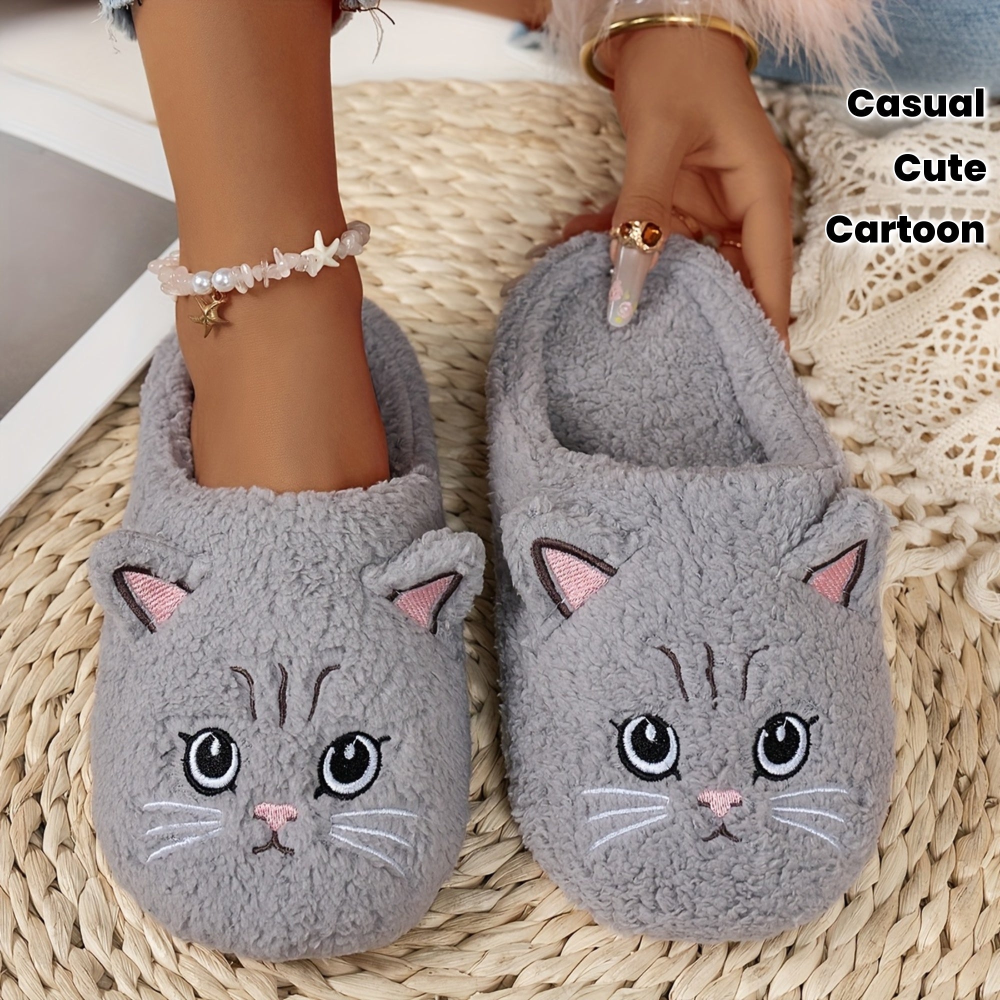 Women's Plush Cat Slippers with Cozy Soft Fabric Indoor House Shoes