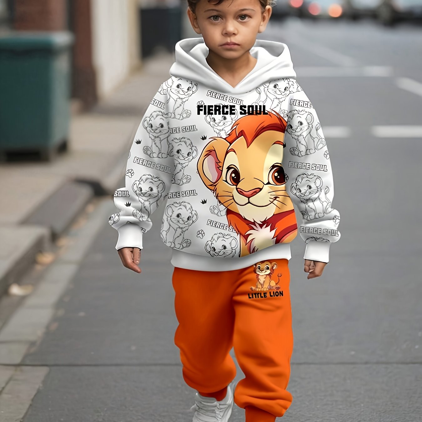 Boys' Fall Winter Lion Print Hoodie and Sweatpants Set Kids Casual Animal Pattern Polyester
