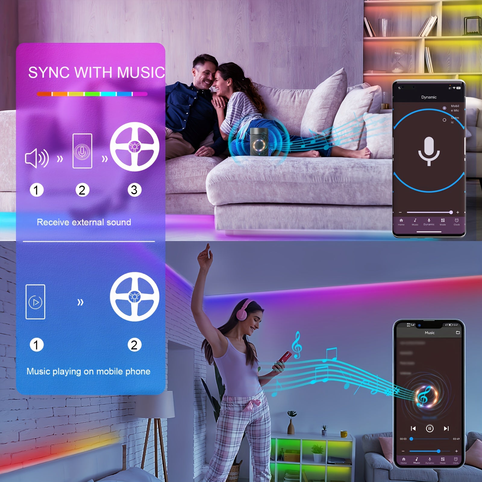 91.44cm-30.48m LED Strip Lights with Music Sync Remote App Control Dimmable Decoration