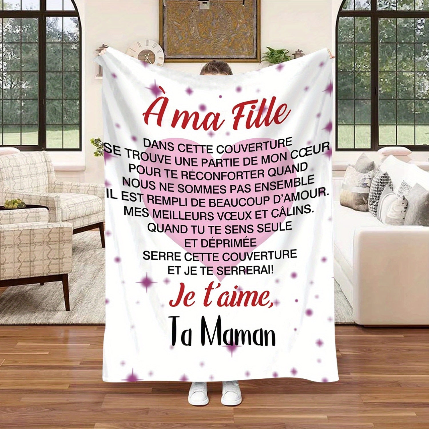 Personalized French Message Flannel Throw Blanket for Daughter Soft Knitted Polyester Gift
