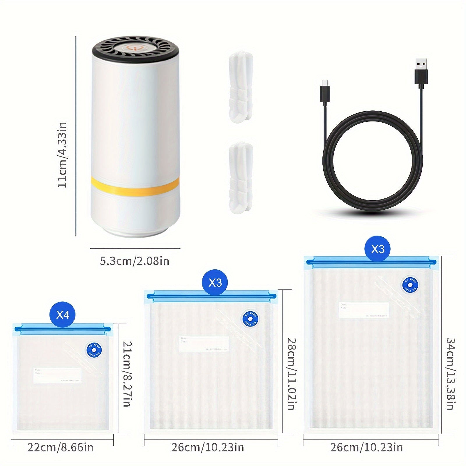 Juego de 10 bolsas de almacenamiento al vacío para alimentos y sellador con bomba de vacío eléctrica de mano