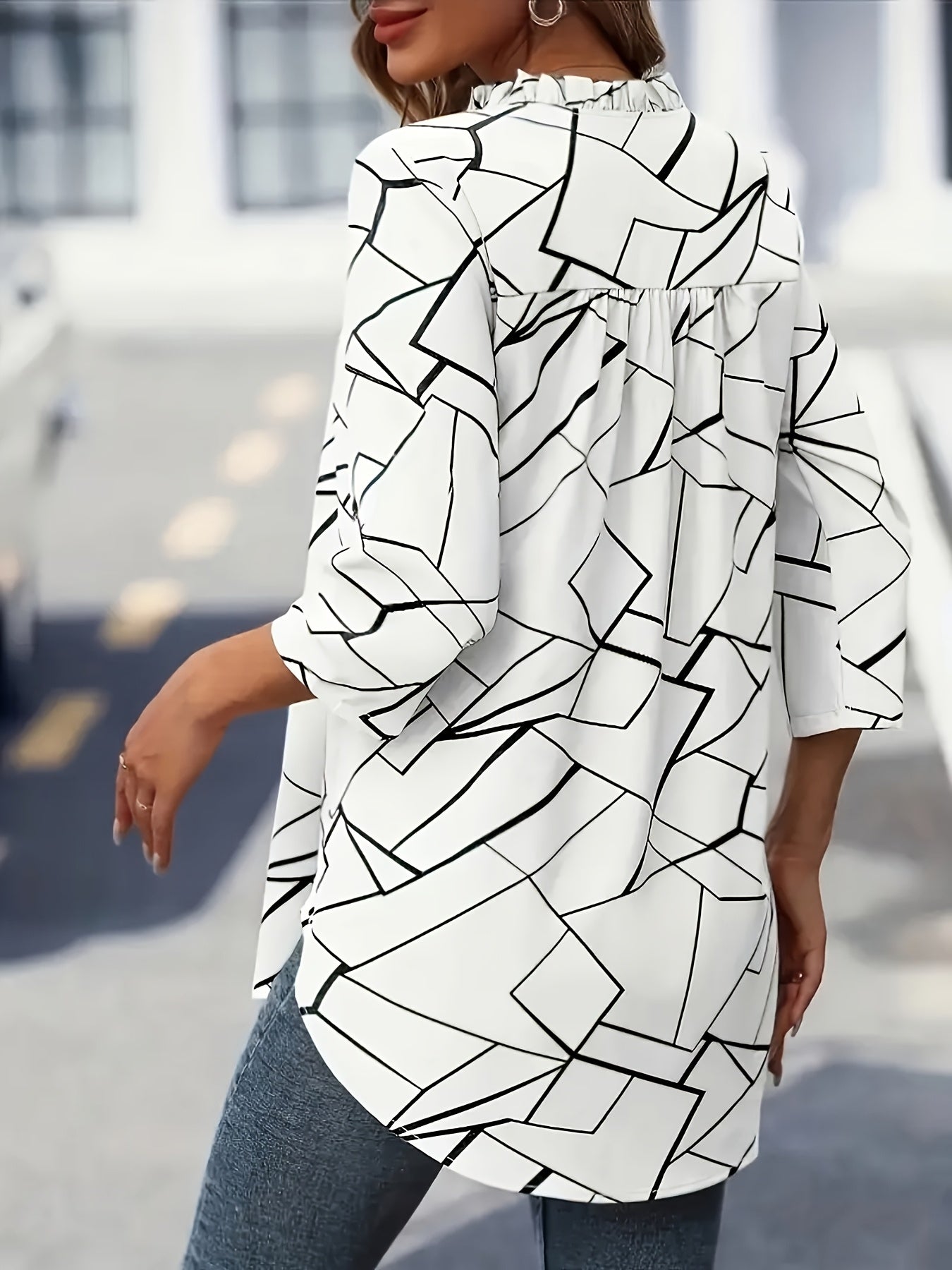 Women's V-Neck Blouse Lightweight Black and White Mosaic Top